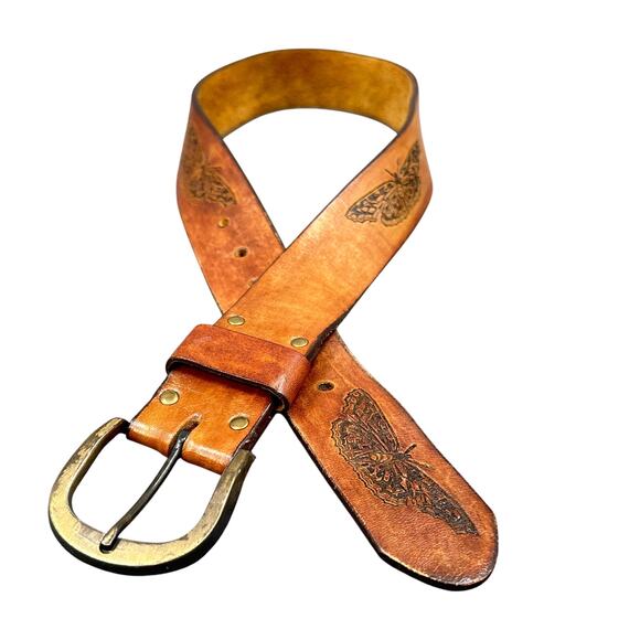 VTG Latitan Leather Belt 26 Brown Hand Tooled Stained Butterfly Bras Buckle Boho - Picture 2 of 14